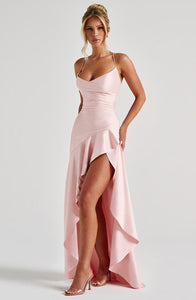 Baby Pink Satin Long Dress With Ruffled Slit