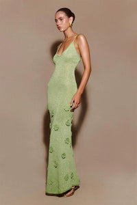 Green glitter flower knitted long dress