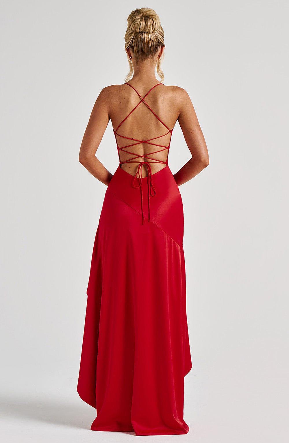 Red Satin Long Dress With Ruffled Slit