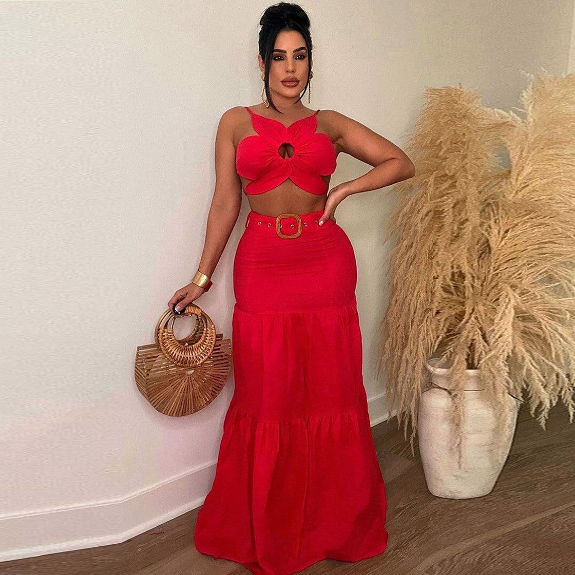 Red set flower top,  long skirt with belt