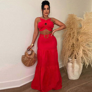 Red set flower top,  long skirt with belt