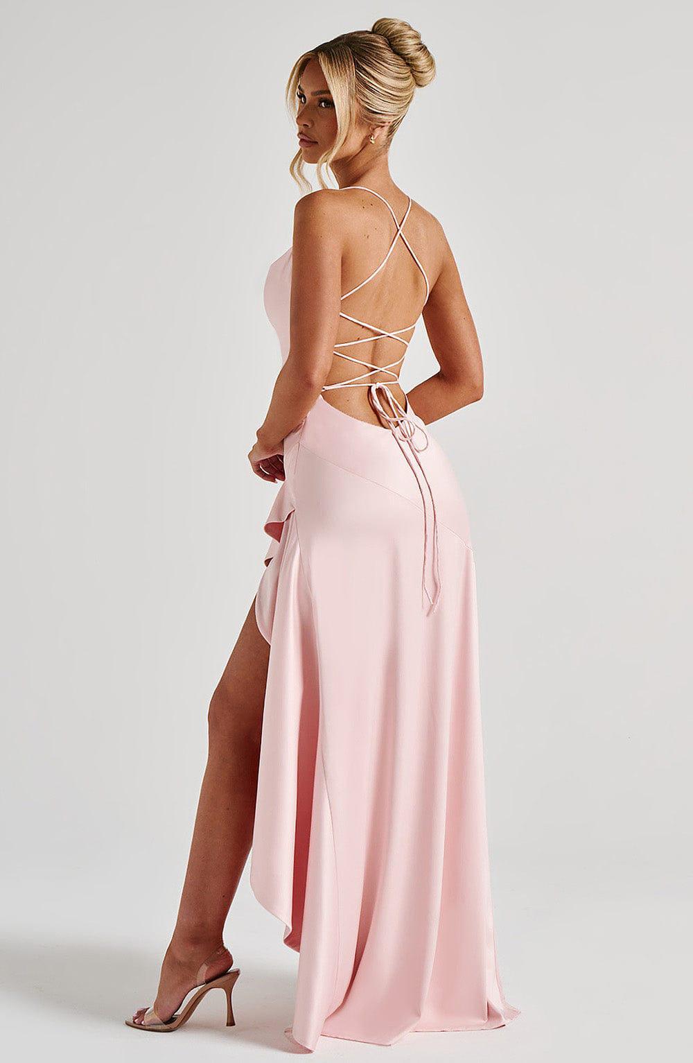 Baby Pink Satin Long Dress With Ruffled Slit