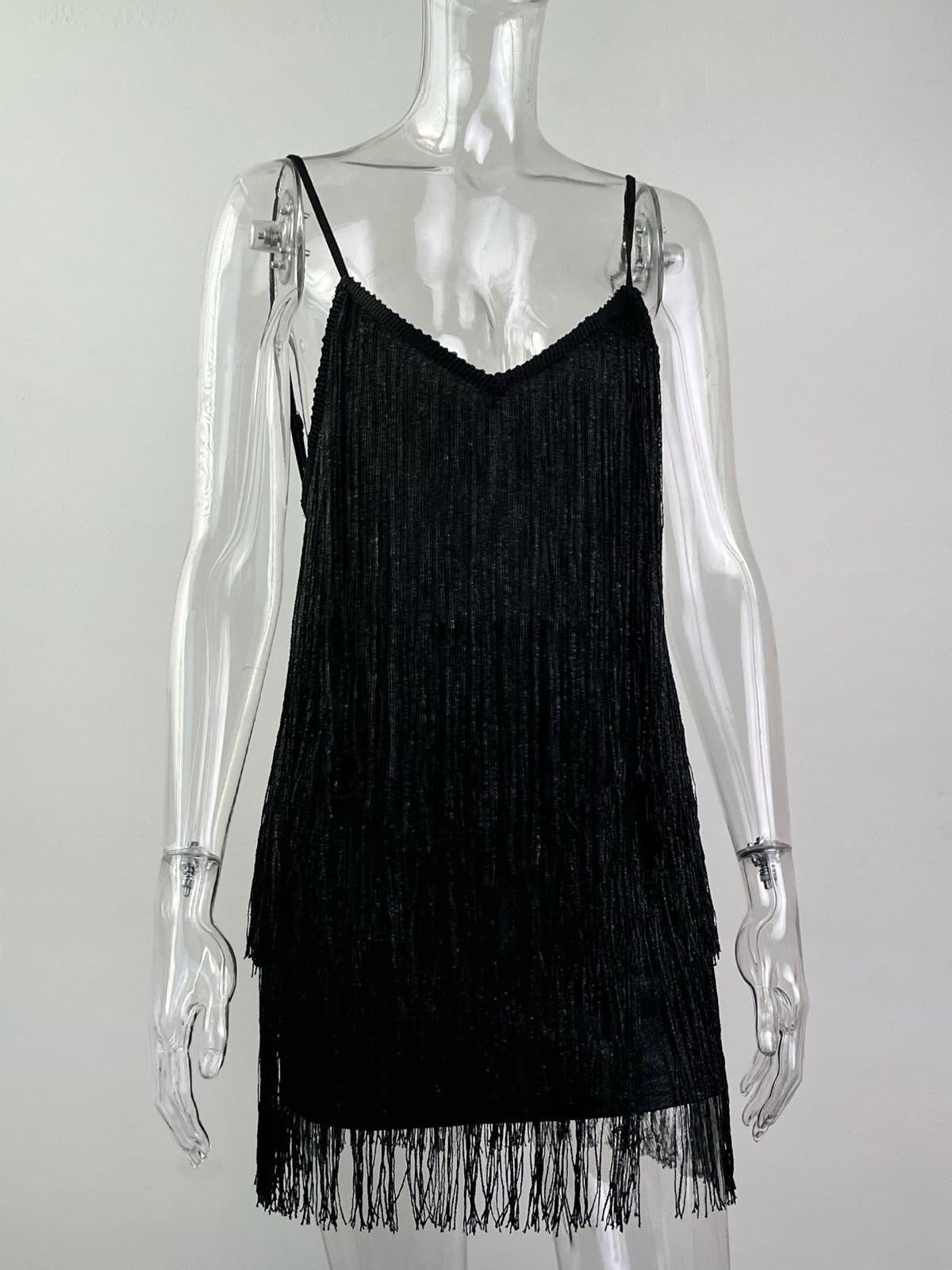 Black fringes glitter backless short dress
