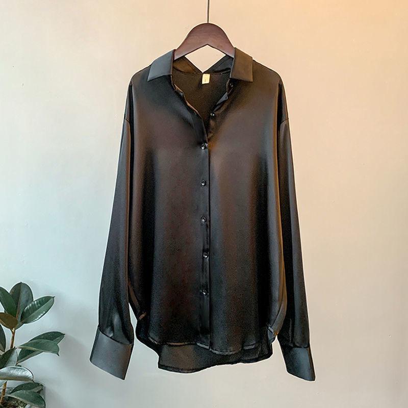Black Long Sleeve Satin Button Down Blouse