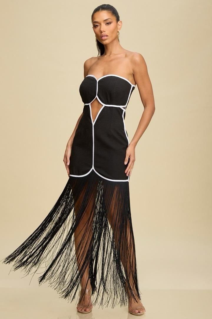 Black and White Fringes Strapless Dress