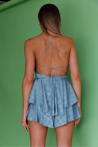 Teal Satin Checker Open Back Romper