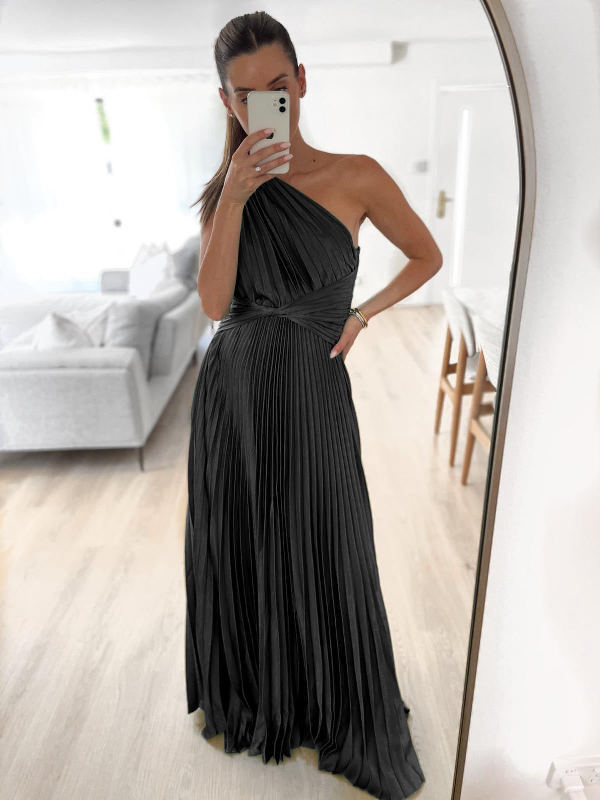Black satin long dress of shoulder