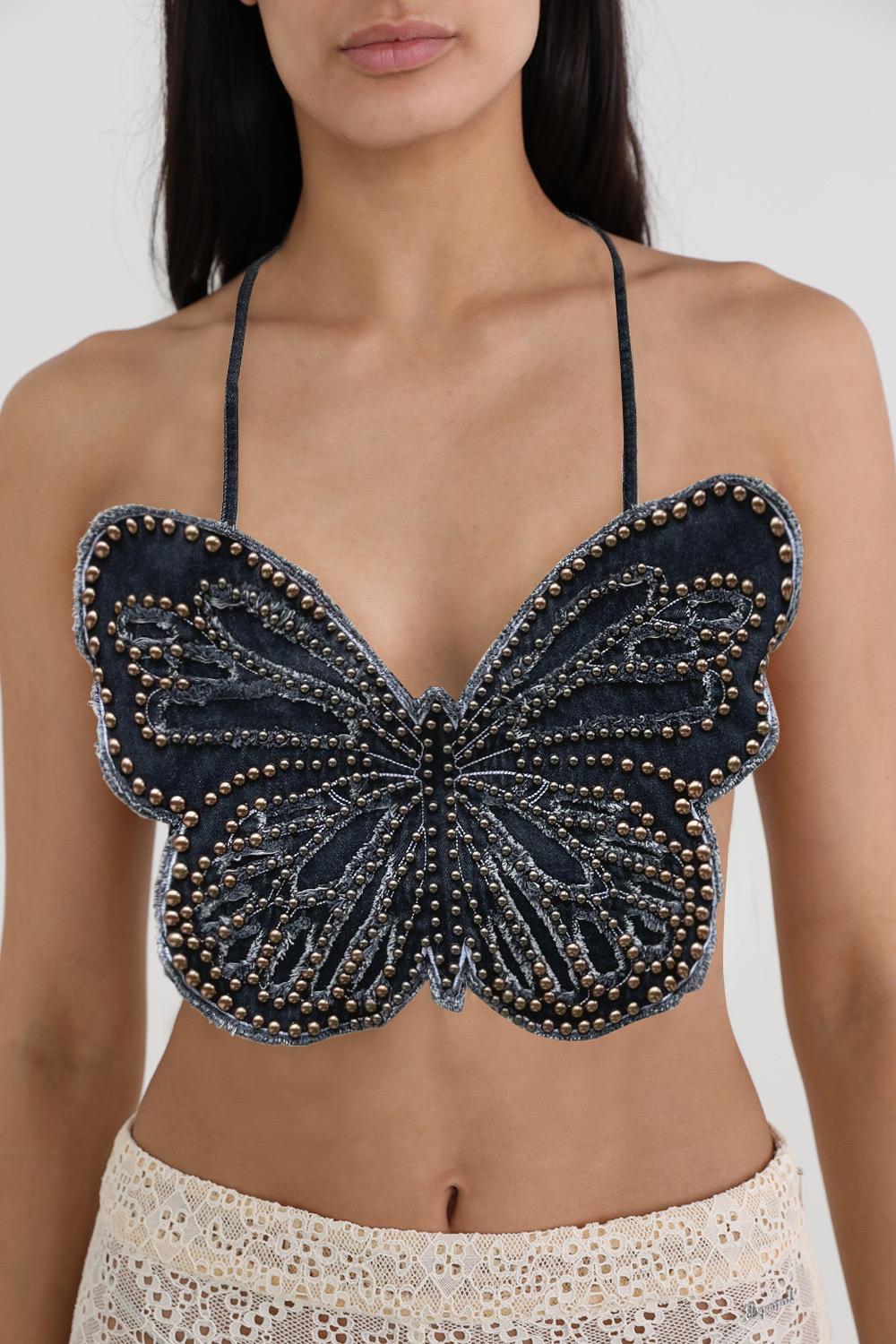 Blue Jean Butterfly Silver Beads One Size