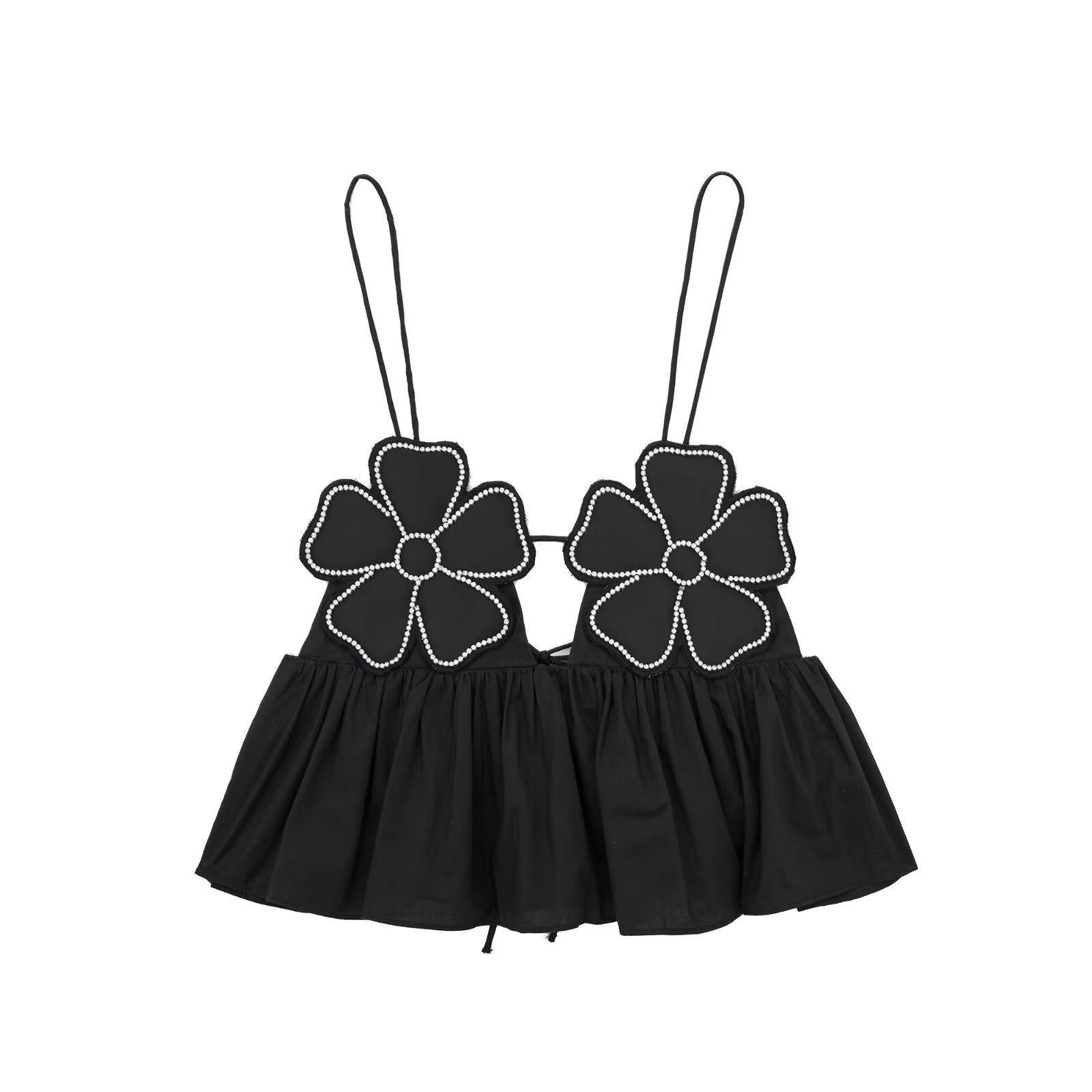 Black crop top flower rinestones