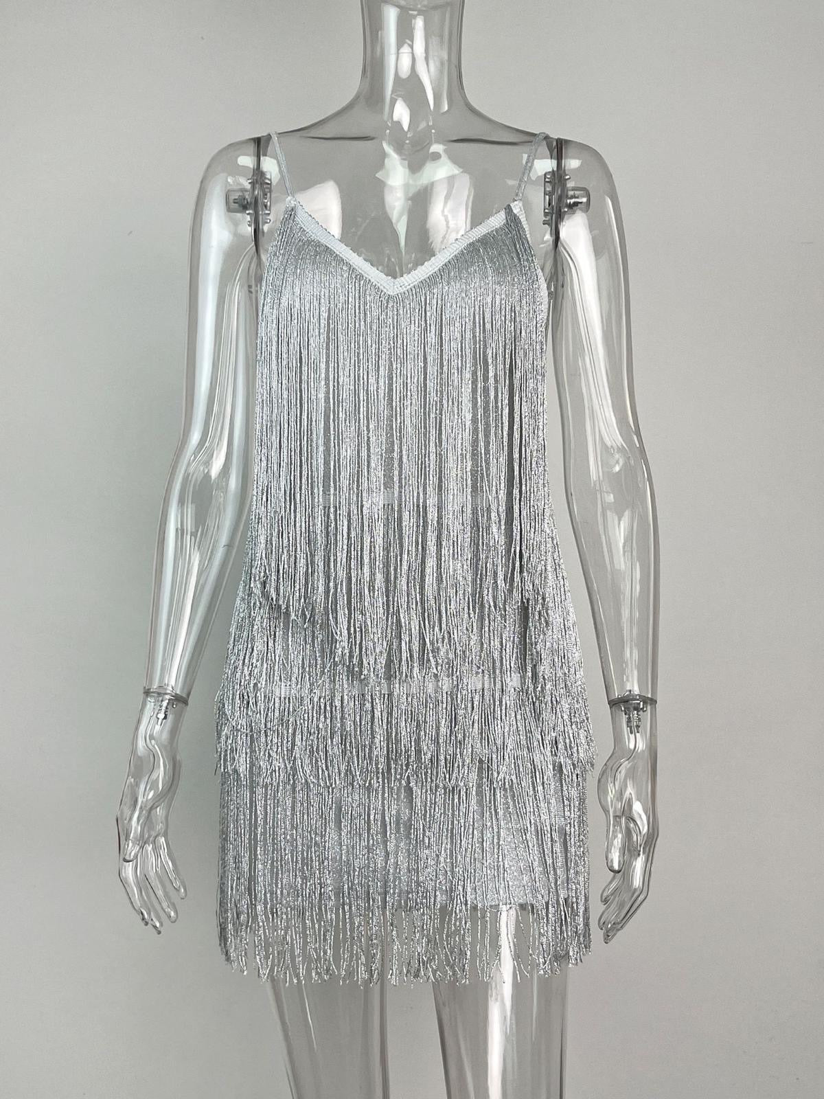 Silver glitter fringes backless Drees