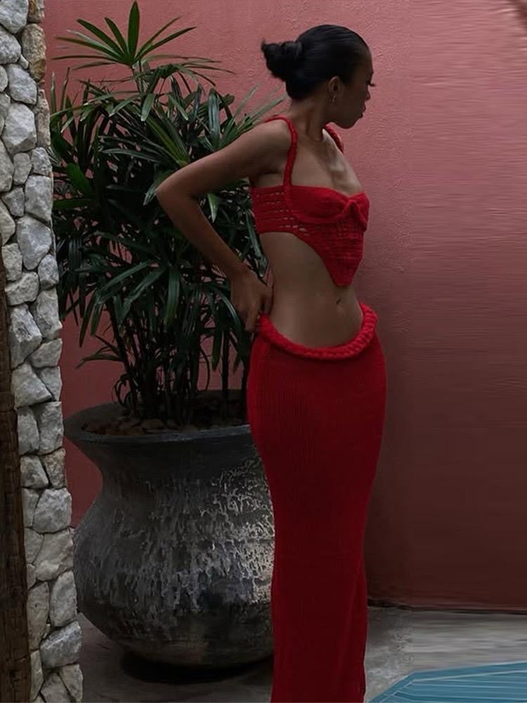 Red Crochet Crop Top And Long Skirt Set