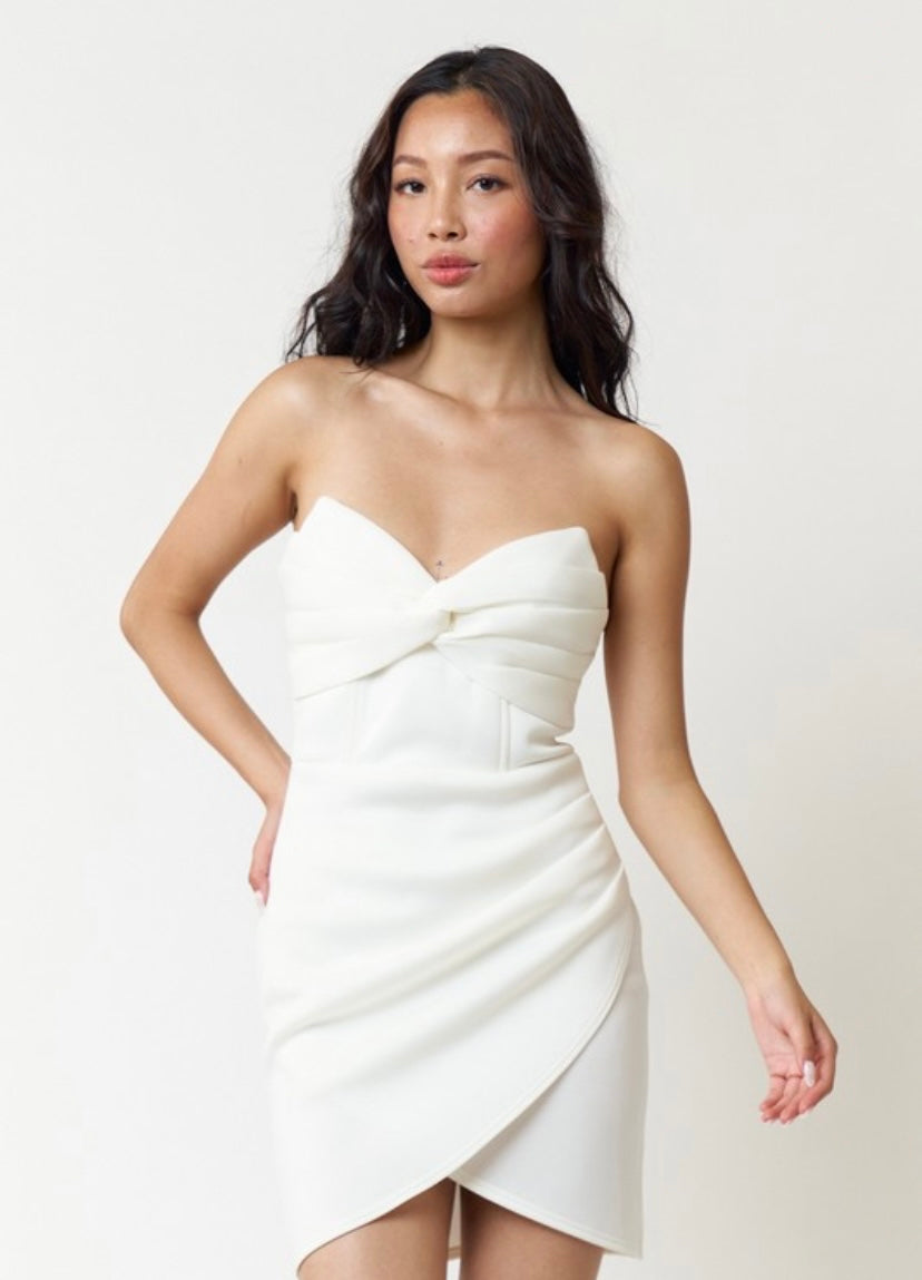 White Strapless Twisted Tulip Dress