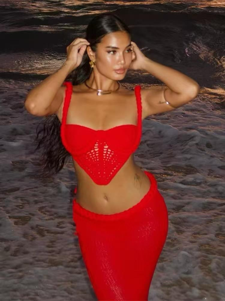 Red Crochet Crop Top And Long Skirt Set
