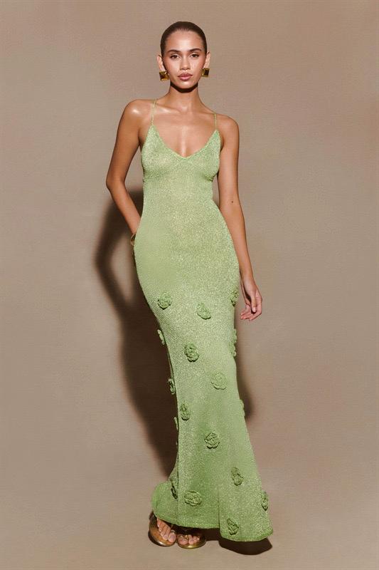 Green glitter flower knitted long dress