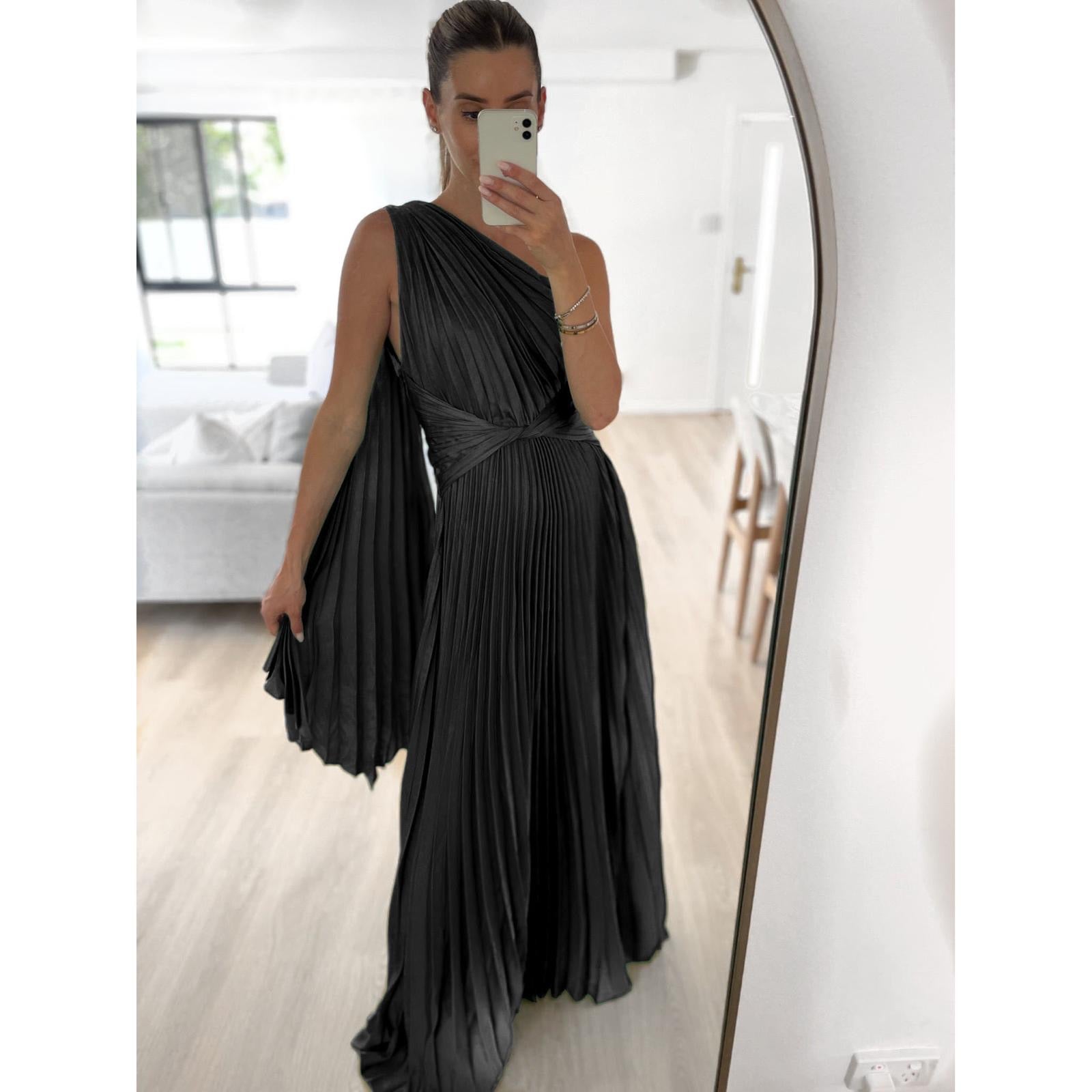 Black satin long dress of shoulder