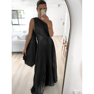 Black satin long dress of shoulder