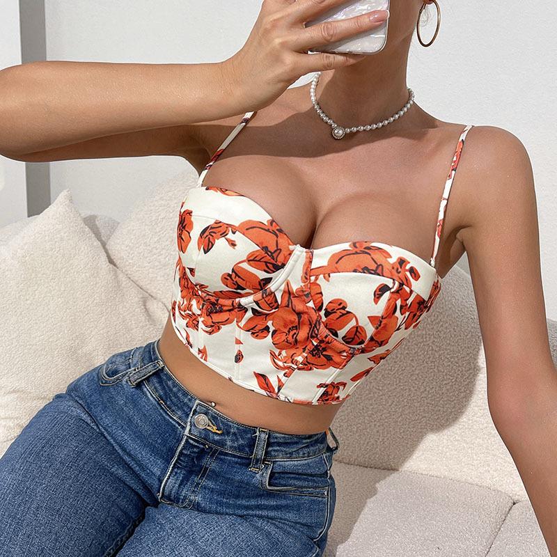 Orange and white leaves Print laced up  Corset