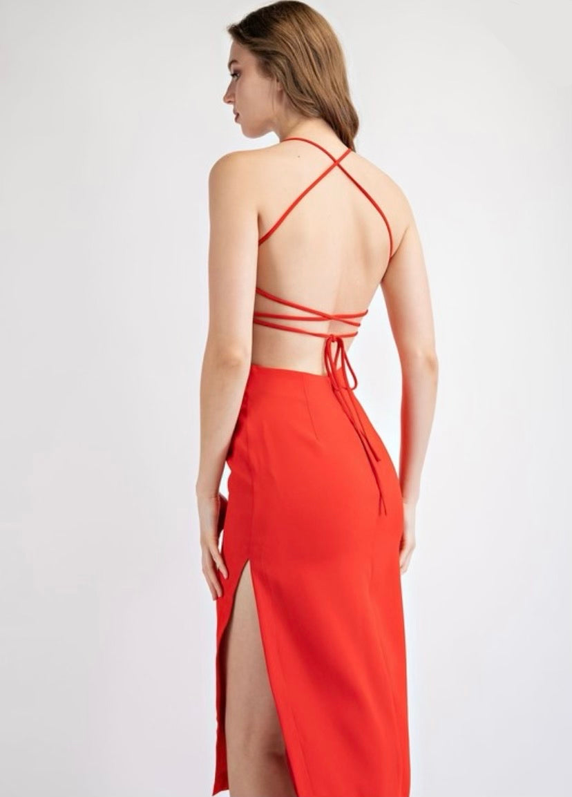 red backless dress with slit Backless Red Chiffon Slit Maxi Dress Red / US 2