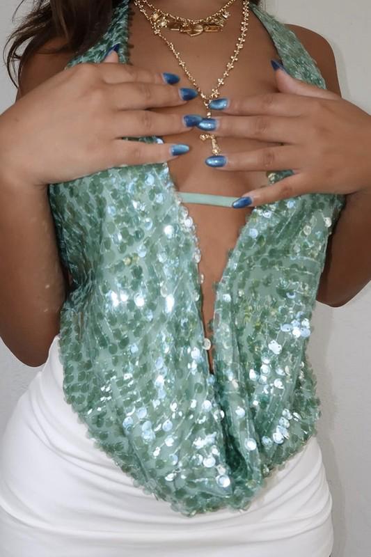 Green sequin v cut top