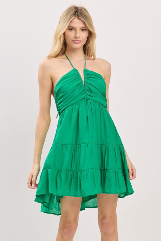Green Halter Ruched Neck Short Dress