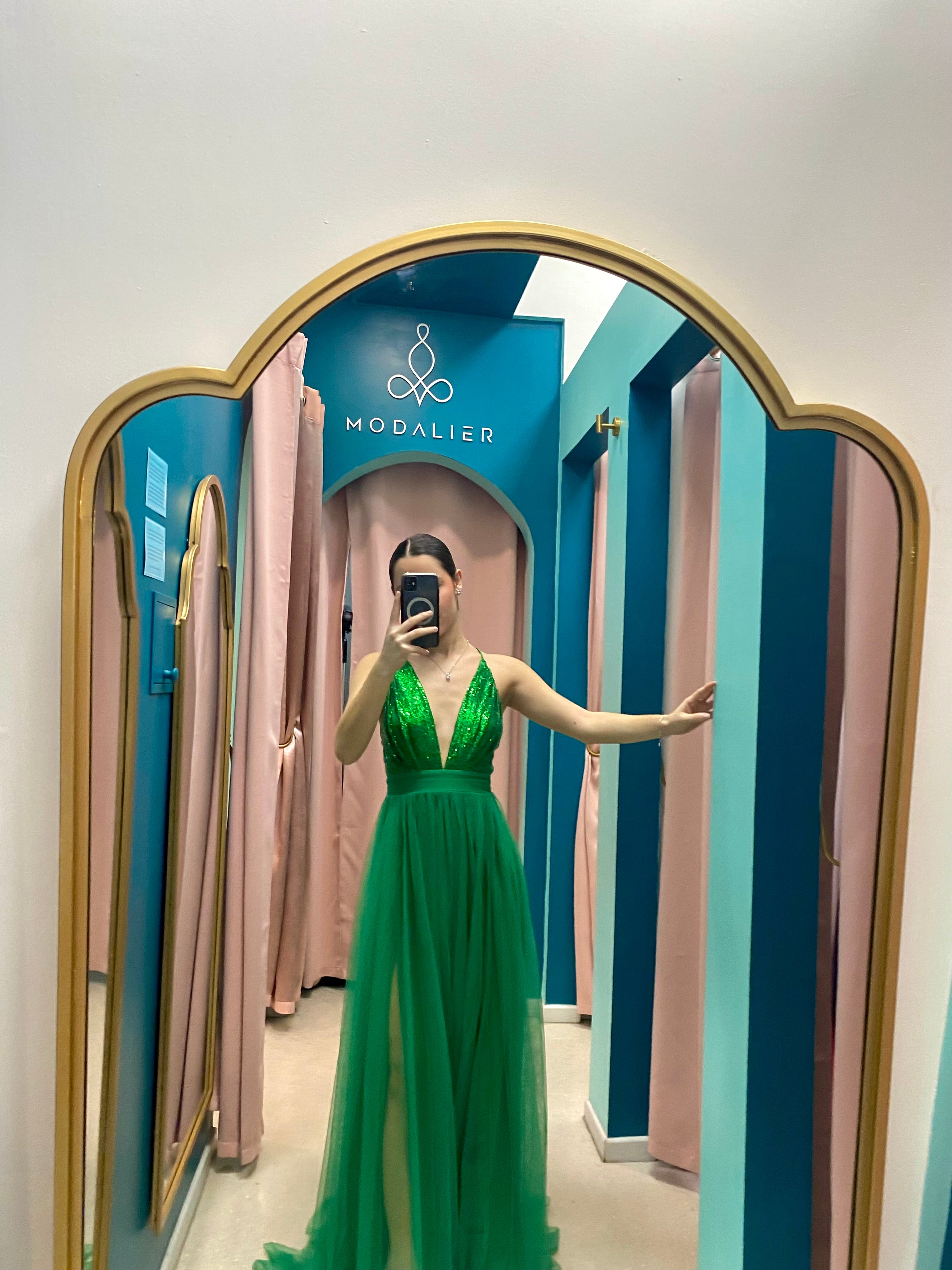 Bright Green Sequins Long Formal Tulle Dress