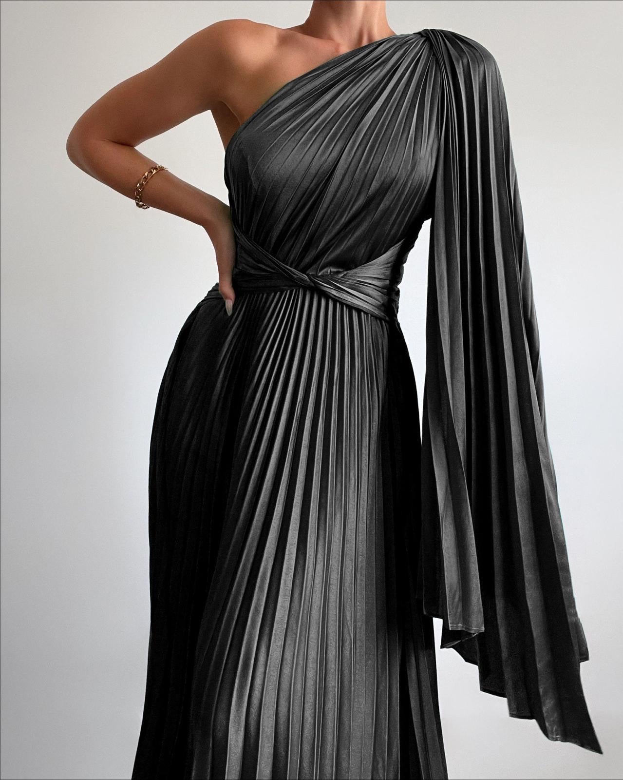 Black satin long dress of shoulder