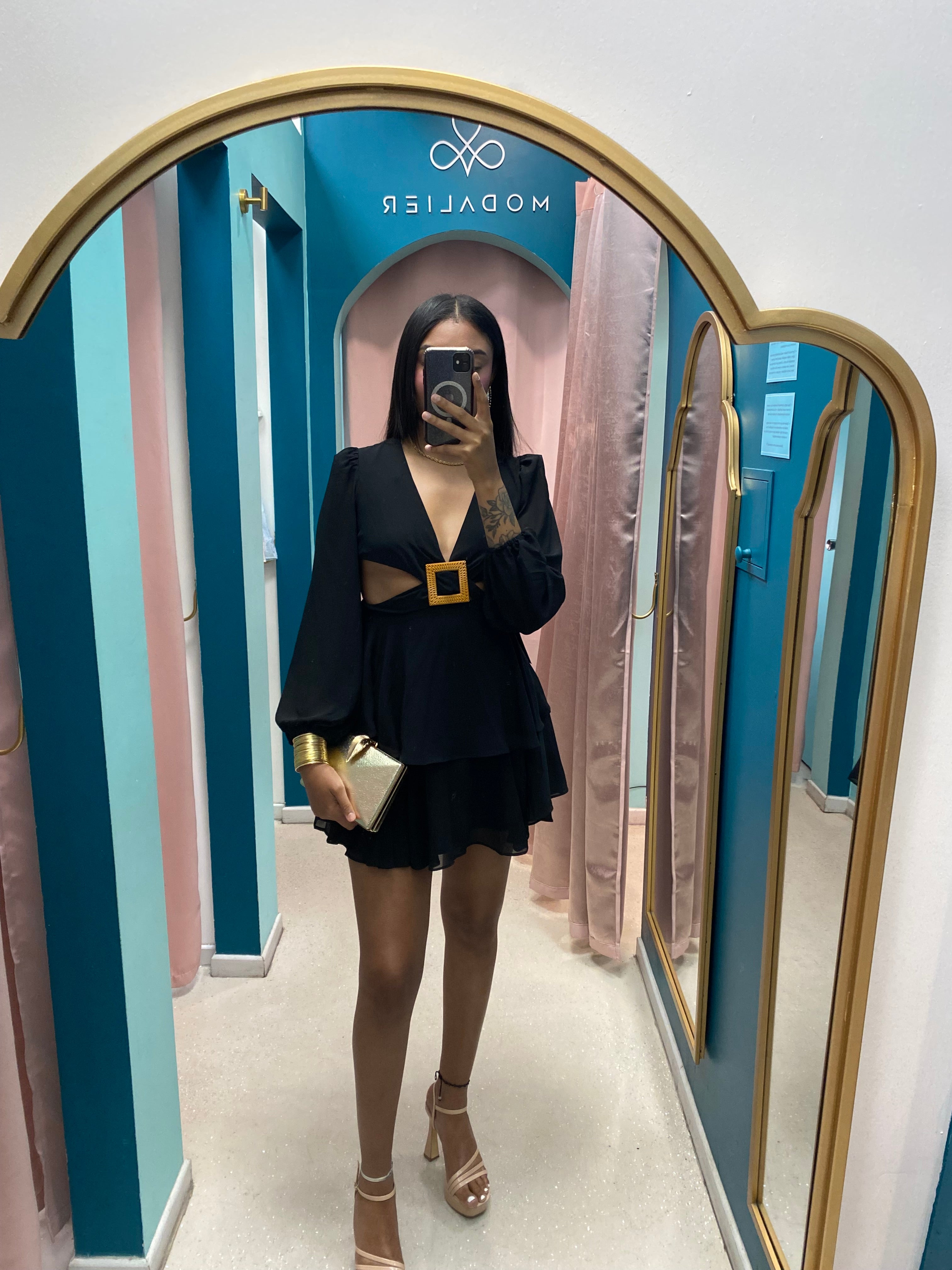 Black romper long sleeve cut out brown belt – MODALIER