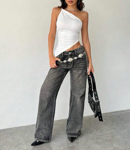 White and white one shoulder simple top