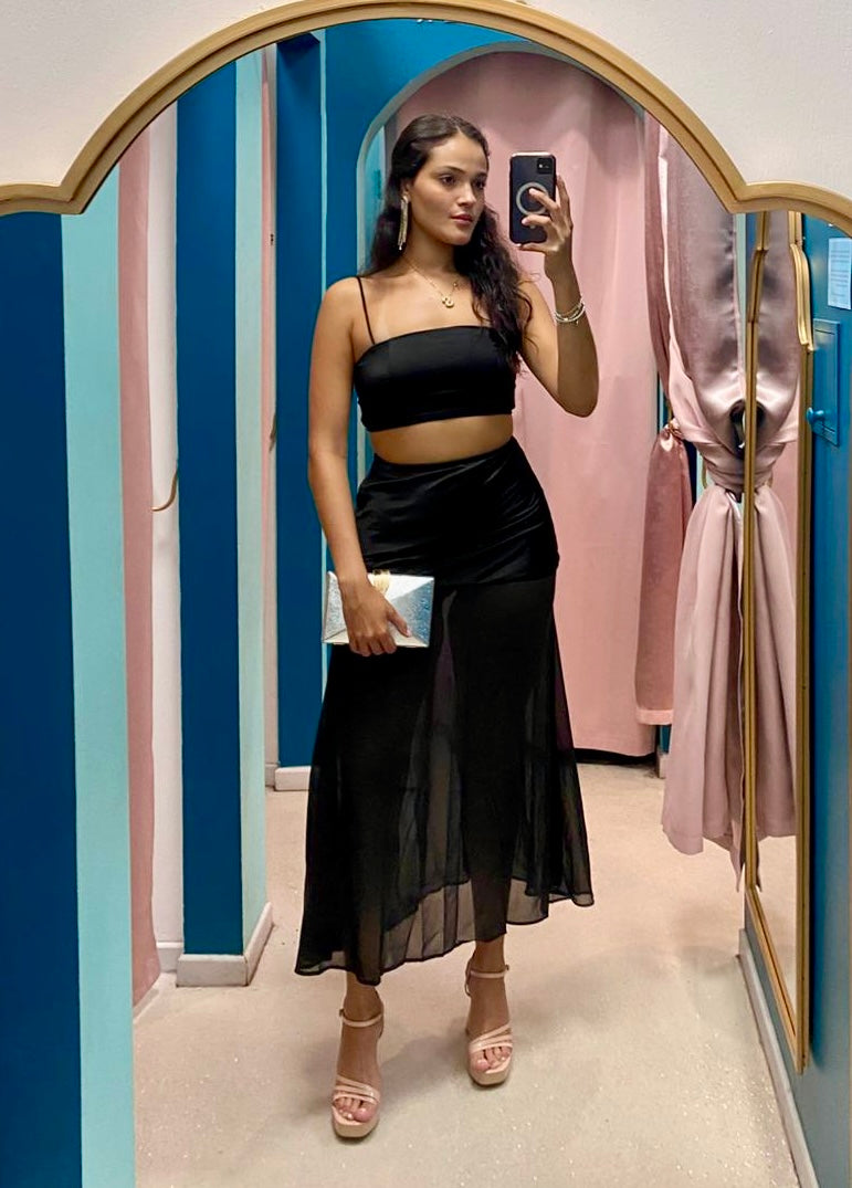 Black Satin Sheer Maxi Skirt Set