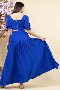 Royal blue set long cut out skirt with ruffle top