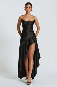 Black Satin Long Dress With Ruffled Slit
