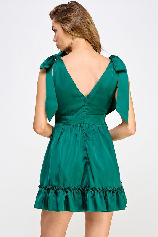 Forest Green Satin Short Dress Bow Straps