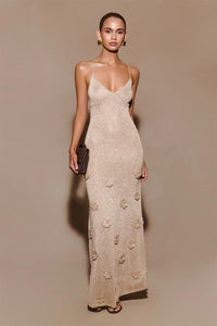Cream  glitter flower knitted long dress