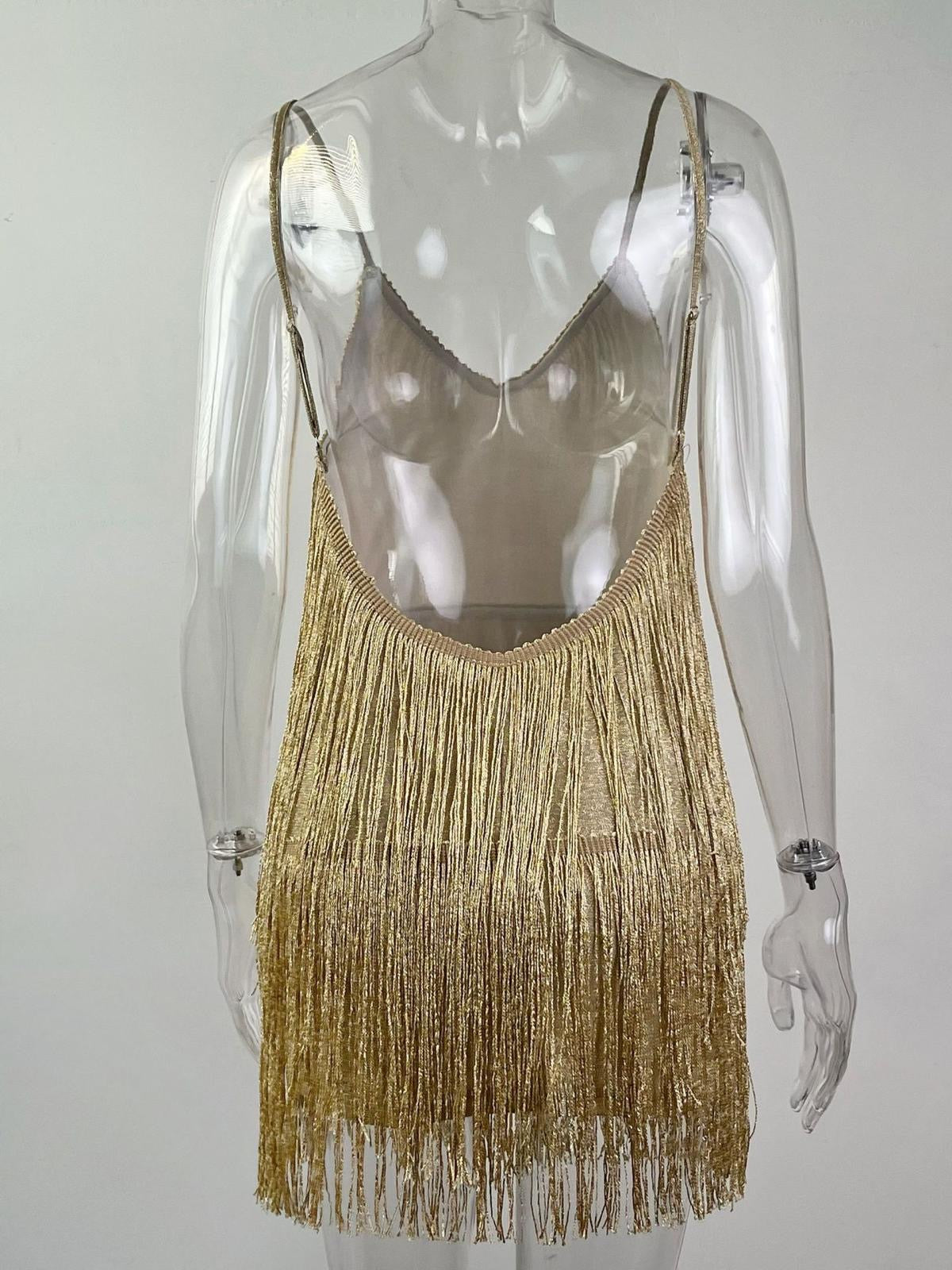 Gold fringes glitter backless short dress