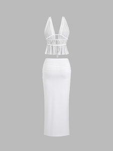 White cut out v skirt set