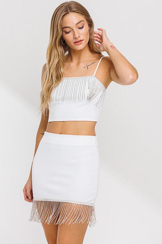 White Rhinestone Fringes Skirt