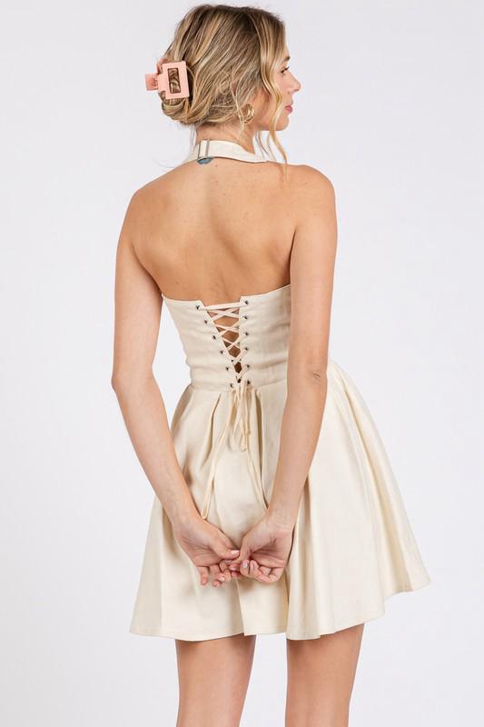 Beige Halter Open Back Short Dress