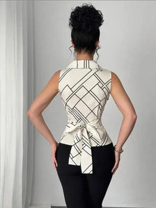 Professional Blue and Beige Wrap Around Top