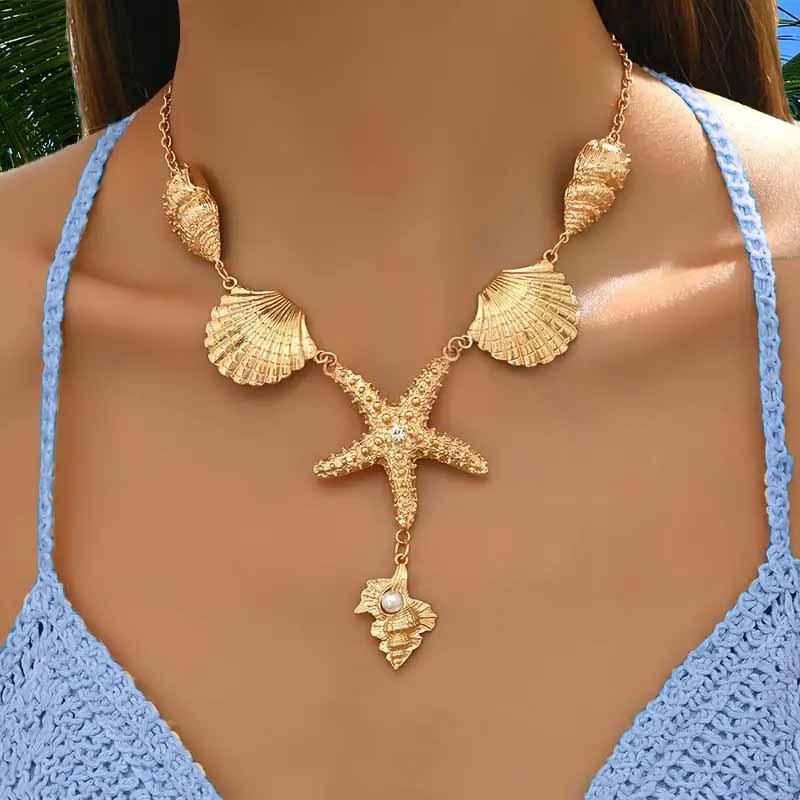 Stainless steel gold necklace star and shells