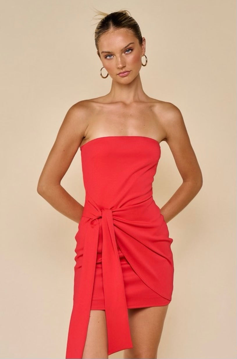 Red Wrap Around Strapless Dress