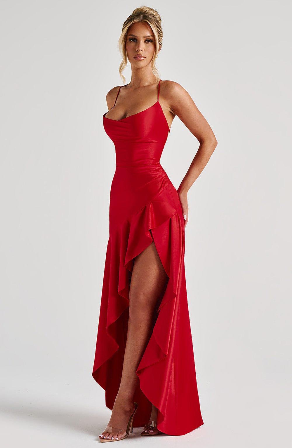 Red Satin Long Dress With Ruffled Slit