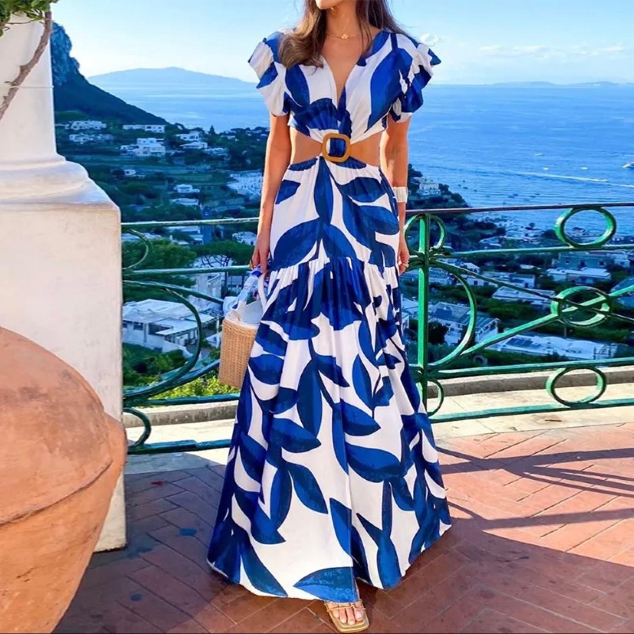 White And Blue Leaves Cutouts Maxi Dress