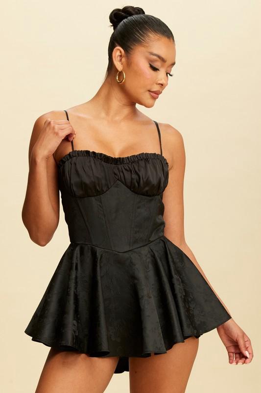 Black Satin Jacquard Mini Corset Dress