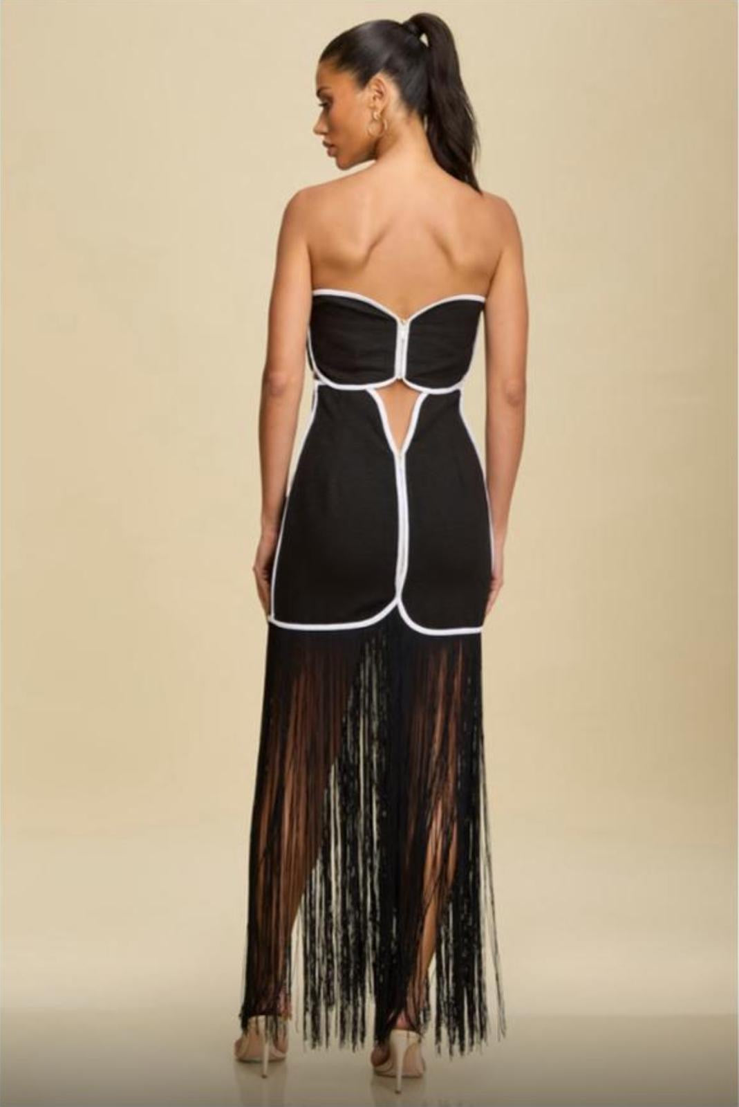 Black and White Fringes Strapless Dress