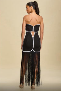 Black and White Fringes Strapless Dress