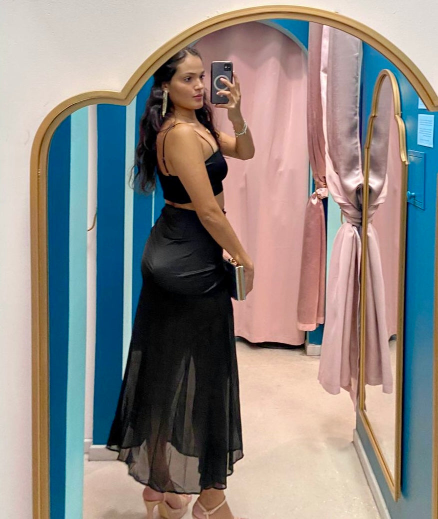 Black Satin Sheer Maxi Skirt Set
