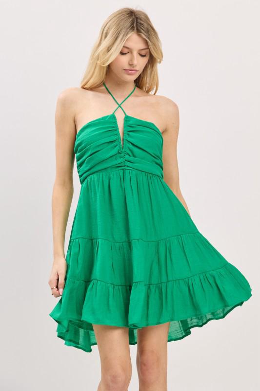 Green Halter Ruched Neck Short Dress