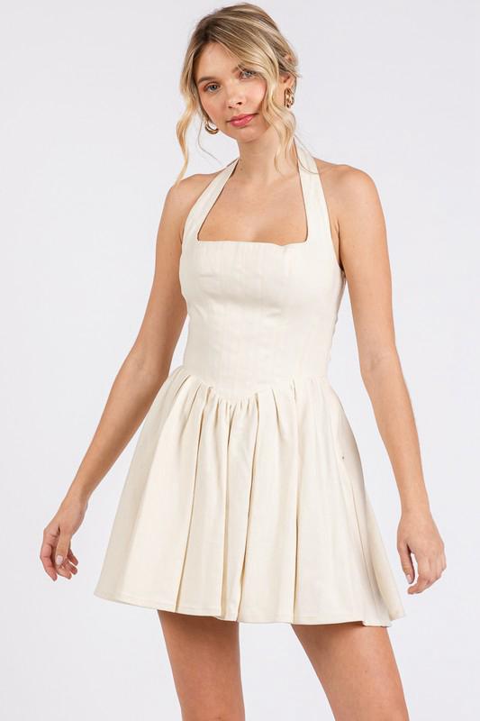 Beige Halter Open Back Short Dress