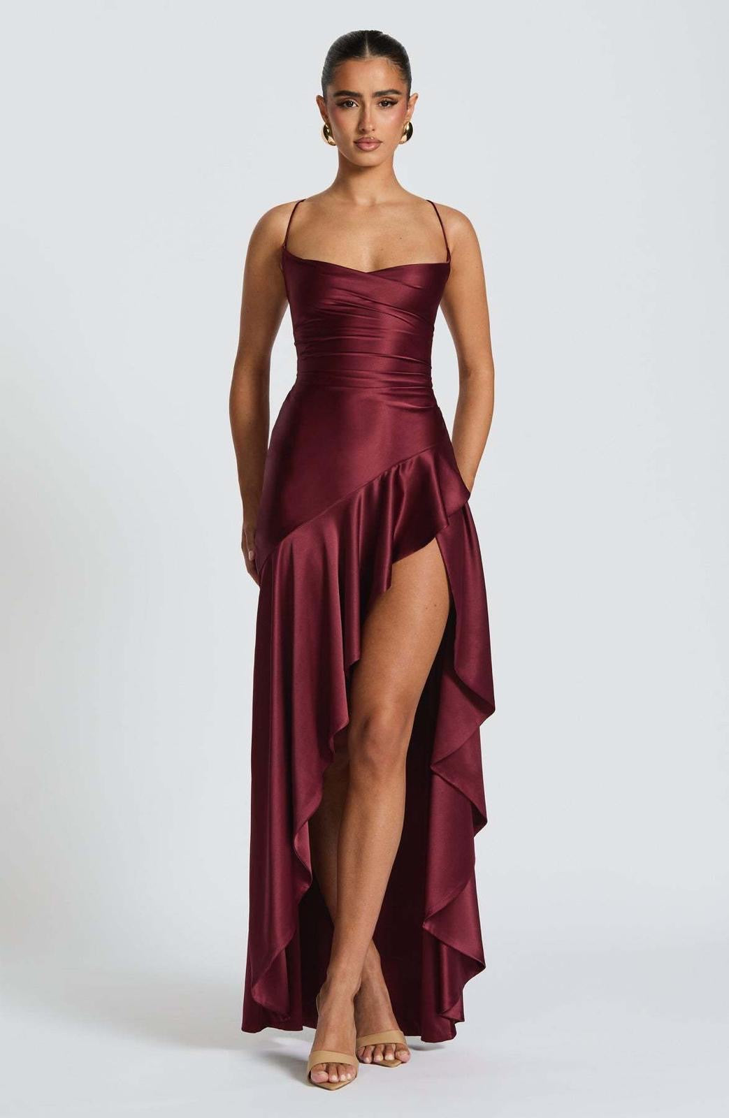 Burgundy Satin Long Dress With Ruffled Slit