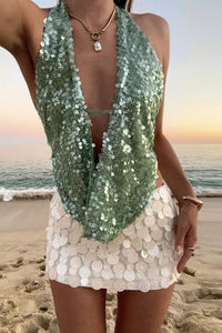 Green sequin v cut top